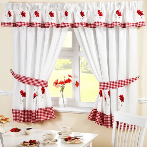 Homespace Direct Rideaux de Cuisine plissés à Motif Floral brodé - Bordure et embrasses à Carreaux Rouges, Polyester, Rouge/Blanc, 46 x 42-inch