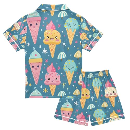 senya Cartoon Ice Cream A Satin Summer Pajama Sets Silk Short Sleeve Button Down Sleepwear2