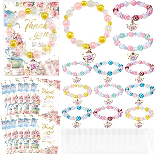 Misdary 6 Set Tea Party Favor Tea Bracelets for Girls Include Mini Flower Teapot Beaded Bracelet Thank You Cards Transparent Bags Gifts Teaparty Accessories for Kids Spring Birthday Decorations