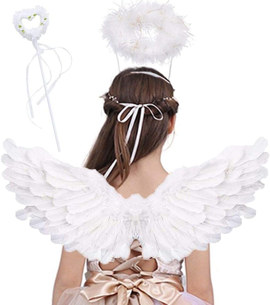 Angel Wings for Kids, Angel costume with Halo Magic Wand, Feather Dress Up Props Cosplay Halloween Party