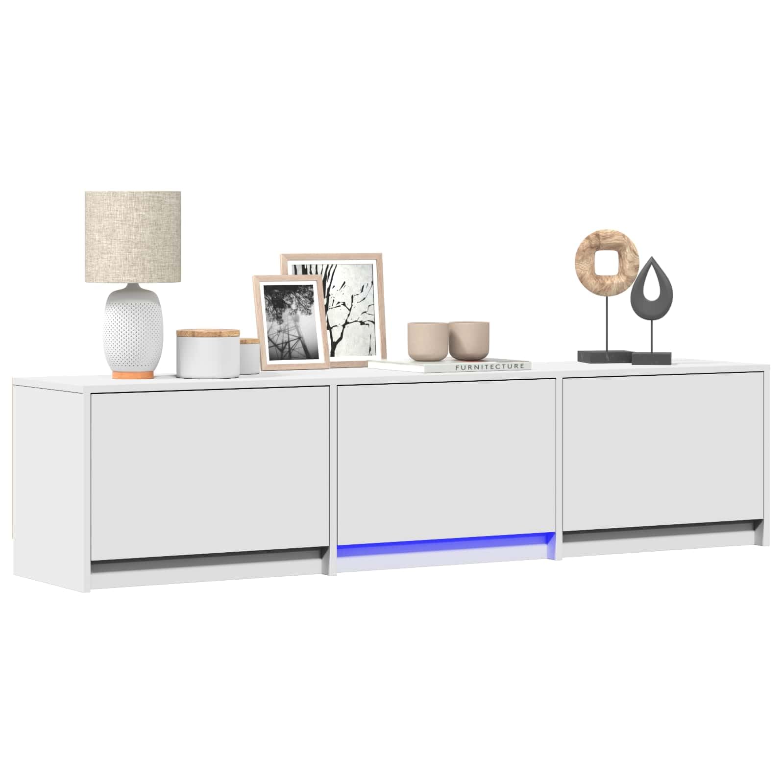 Szafka pod telewizor z oświetleniem LED, 165 x 34 x 40 cm, biała, z materiału drewnopochodnego, nowoczesna niska szafka do salonu, konsola medialna, zarządzanie kablami, schowek, meble TV