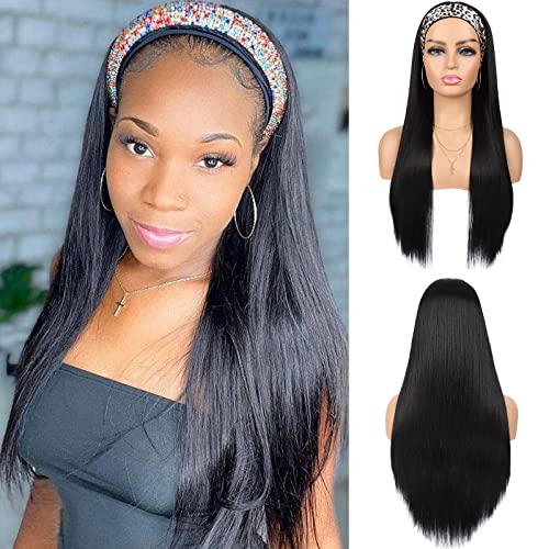 G&T Headband Wig for Women Black Straight Synthetic Headband Wig Glueless Heat Resistant Natutal Looking for Daily Party Use(26 inch)