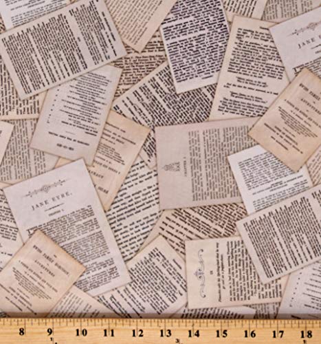 Cotton Book Pages Library of Rarities Antique Jane Eyre Cinderella Pinnochio Swiss Family Robinson Cotton Fabric Print by The Yard (D563.51)