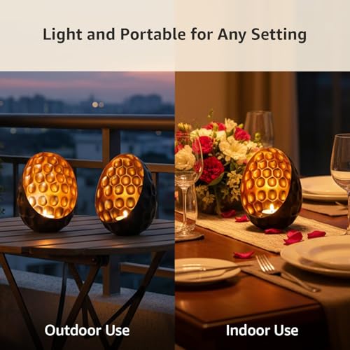 Image of Amazon Brand - Solimo Tea Light Votive - Oval Diamond Design, Black Iron with Gold Interior, Set of 2 (Size: L-12 cm x W-11 cm x H-15 cm)