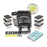 Alderman USA Portion Control Meal Prep Bag and Container Set with Shaker Cup, 6 Portion Control Containers, Ice Pack and Vitamin Box