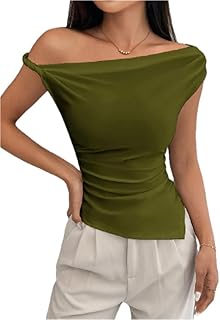 تيشرت برقبة غير متماثلة مكشوفة الكتفين للنساء بتصميم مكشكش وقصة ضيقة سليم فت، بلوزة صيفية كاجوال للنساء، أخضر زيتوني (لون أخضر، لارج L)