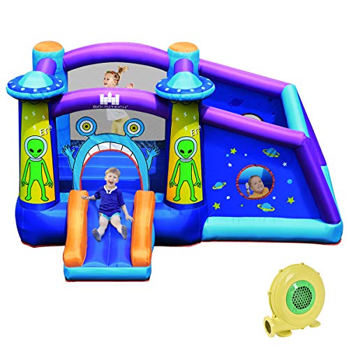 BOUNTECH Inflatable Bounce House, Alien Style Bouncy Castle w/ 480W Air Blower Large Jumping Area, Slide, Ball Pit, Mesh Protection, Stakes, Repair Kit, Carry Bag, Kids Playhouse for Indoor Outdoor