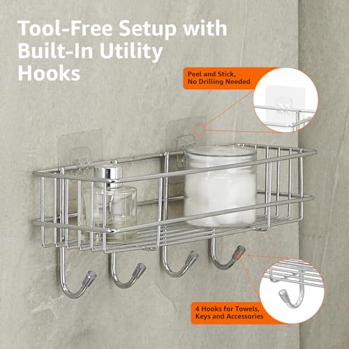 Image of Amazon Basics Self-Adhesive Wall Shelf - No-Drill Multipurpose Bathroom /Kitchen Organizer with Hooks and Towel Holder, Rust Proof GI Steel Organizer | Chrome, 28.2 x 9.8 x 11.5 cm, Pack of 3