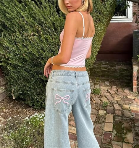 Yuemengxuan Women Y2k Low Rise Baggy Denim Pants Teen Girls Cute Bow Tie Wide Leg Jeans Casual Loose Jeans Party Streetwear2