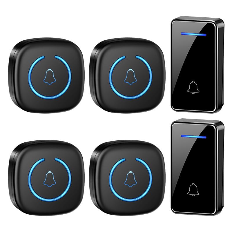 Timbre Inalámbrico Exterior Impermeable con Enchufe,Timbre Casa Autoalimentado Una Variedad de Set,IP65 Timbre para Puerta sin Pilas con Luces LED,60 Melodías Rango,Negro,2 Receiver + 4 Bell