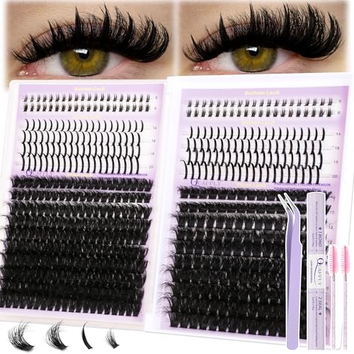 DIY Lash Extension Kit 100D+150D Volume Lash Clusters with Spikes Lash Extension Kit Bottom Lashes Wispy Cluster Eyelash Extensions Kit with Lash Bond and Seal Tweezer Brush Easy To Apply