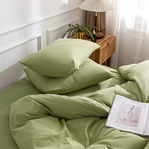 Duvet Cover Matcha Green 100% Washed Cotton Duvet Cover Set,Breathable Soft Bedding Set Linen Textured. Solid Color Pattern Duvet Cover Twin Size 2 Pcs (No Comforter) #TOP1