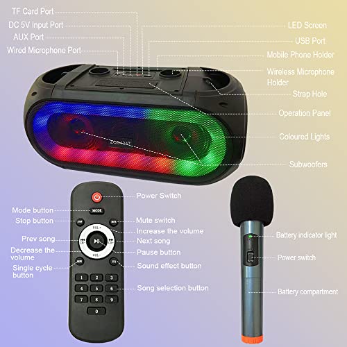Karaoke Machine With 2 Wireless Microphones For Adults And Kids, Portable Bluetooth Speaker With Party Lights, Fm Radio, Remote Control, Rechargeable Pa System, Support Usb, Tf Card, Aux #TOP7