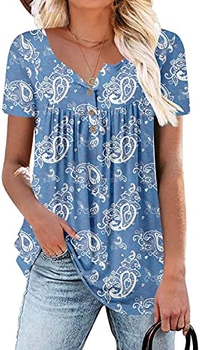 Summer Blue Short Sleeve Cute Shirts for Women Floral Print Tops Blouse M