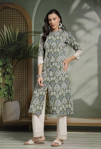 Image of Pistaa's Women's Cotton Regular Fit A Line Regular A-Line Printed Cutwork Sleeve Kurta