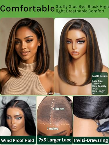 Image of KLAIYI Bye Bye Slip Side Part Golden Brown Highlight Yaki Straight Bob Wig Human Hair Glueless Ombre Precut 7x5HD Lace Front Wigs Drawstring Pre Plucked Bleached Knots 30S Ready to Wear and Go 12Inch