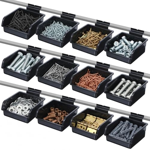 hidyuuoo 12 Pack Slatwall Bins with Hooks Plastic Slatwall Organizer Slat Wall Containers Workbench Bins for Slat Wall Organizing Hardware, Garage, Craft Room, Tool Shed, Hobby Supplies (Black)