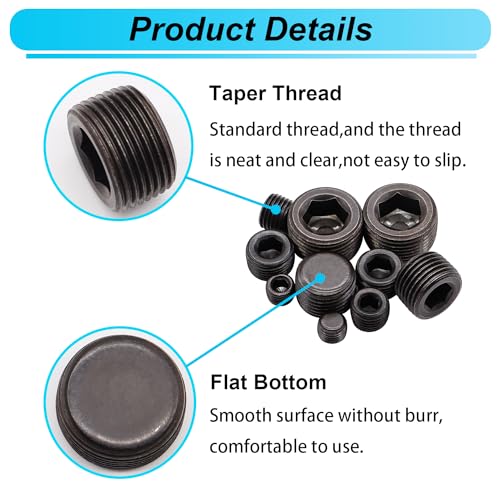 26PCS-Black-Pipe-Plug-Fitting-Assortment-Kit-Carbon-Steel-5-Sizes-18-14-38-12-34-NPT-Pipe-Plug-Internal-Hex-Thread-Socket-for-Sealing-Pipe-Port