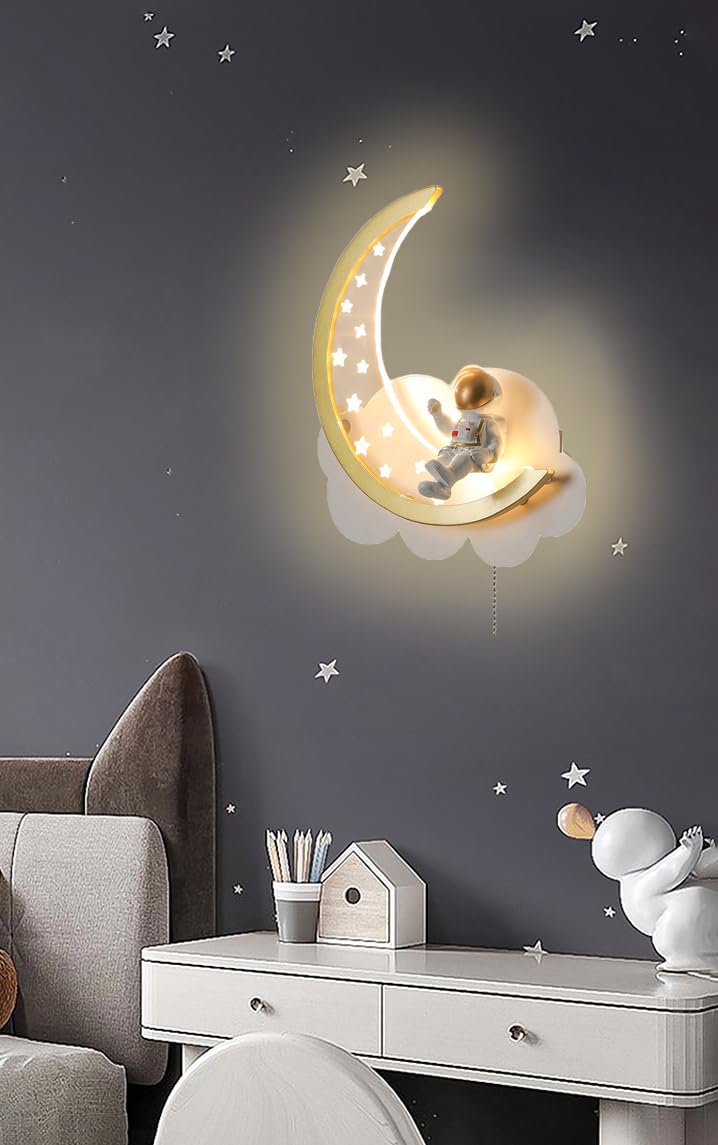 Aplique Pared LED Regulable con Interruptor Lámpara de Pared Nubes Interior LED para Habitación Infantil Luces de cabecera Astronauta Luna Luz de Pared Con Enchufe y Cable Dormitorio Regalos Niños