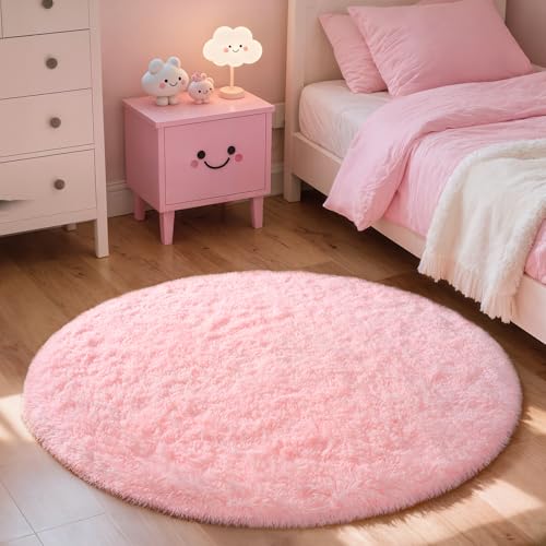 Pink Round Rug for Bedroom, 5Ft Fluffy Circle Area Rugs for Living Room, Shag Fuzzy Carpet for Kids Room, Nursery, Dorm, Classroom, Teen, Cute Baby Play Mat Home Decor Aesthetic