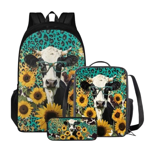 Set di 3 libri per bambini + portapranzo + astuccio per matite per studenti zaino di grande capacità per ragazzi e ragazze Leopardo Girasole Mucca