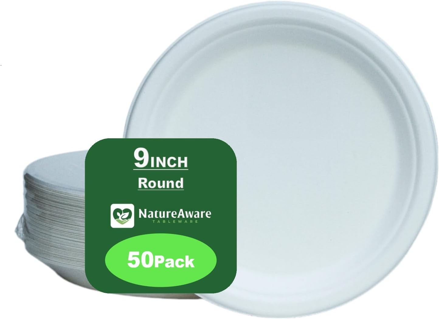 Premium 9 Inch Round White Paper Plates [50-Pack] -100% Compostable & Eco-Friendly Disposable, Heavy Duty, PFAS-Free, Made of Sugarcane Bagasse (9″ Round Plates)
