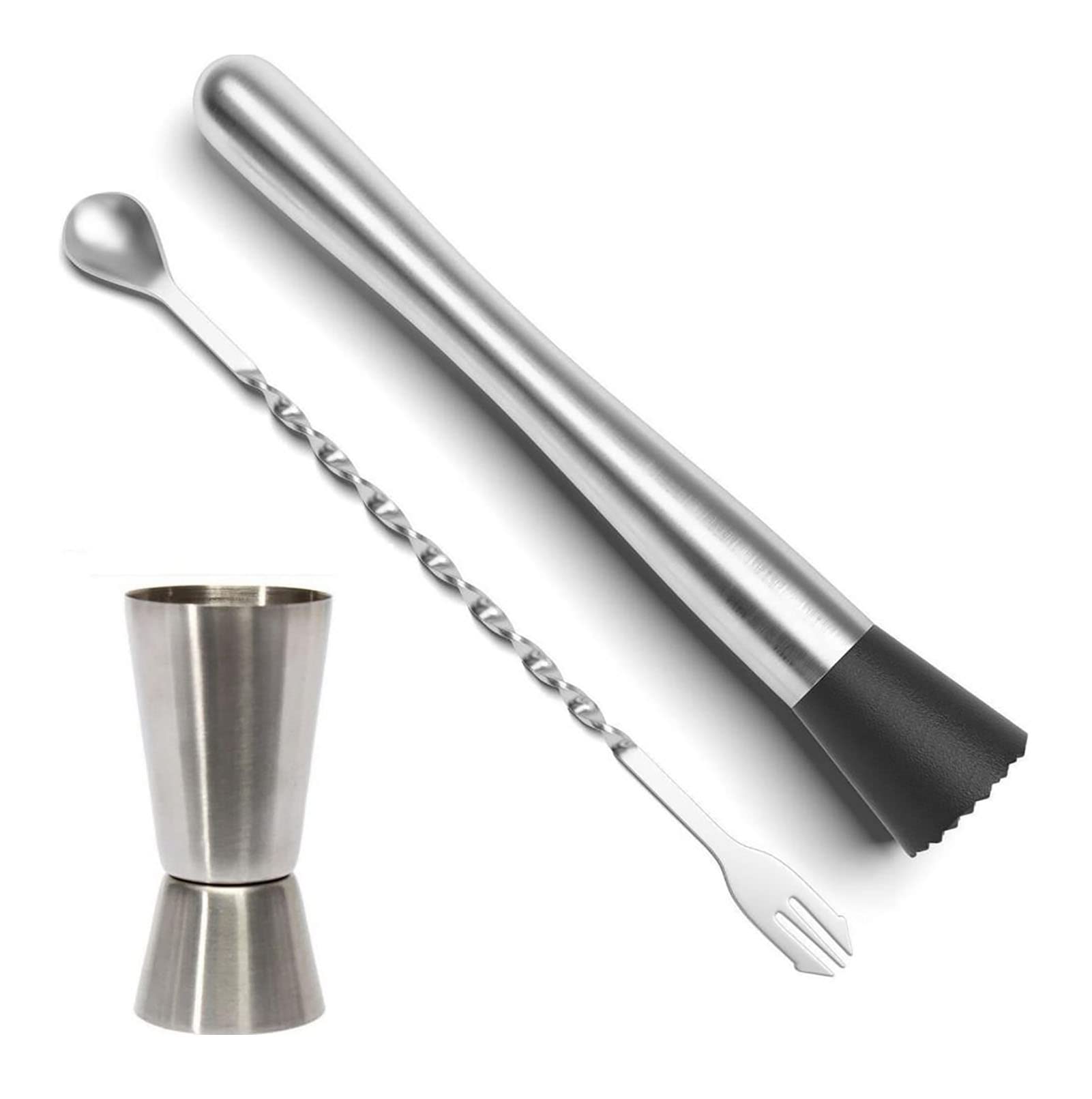 Mojito Muddler Bar Tool Set, 3 PCS Cocktail Set Mixing Tools Stainless Steel Cocktail Muddler with Cocktail Spoon Long Handle and Jigger for Mojitos Fruit Drinks