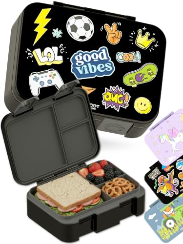 Image of BEARFOOT Kids Lunch Box with Compartments - Compact & Lightweight | Leak-Proof, BPA-Free, Dishwasher Safe | Hand-Drawn Design for Preschool, School, Travel (Sticker Black, 2.75 Cups)