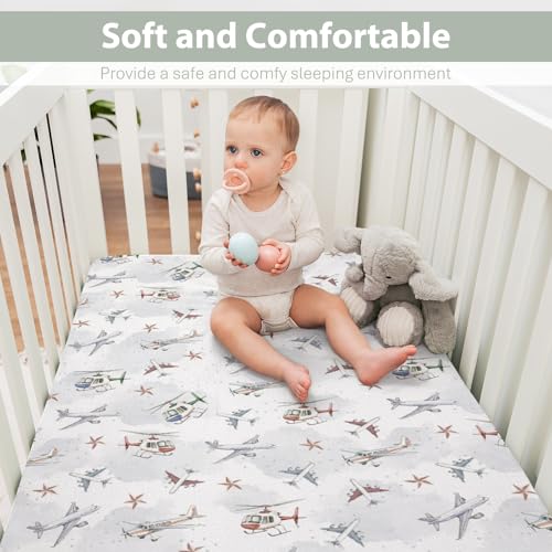 Image of Vintage Planes Airplanes Helicopters Baby Crib Sheets Boy Girl 28 inchx52 inch Plane Stars Clouds Sky Soft Stretchy Fitted Crib Mattress Cover Baby Sheet for Standard Crib & Toddler Mattress Pad