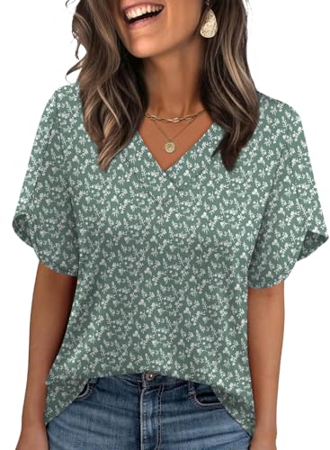 Image of WIHOLL Womens Summer Tops Short Petal Sleeve Shirts Fashion V Neck Womens Clothing