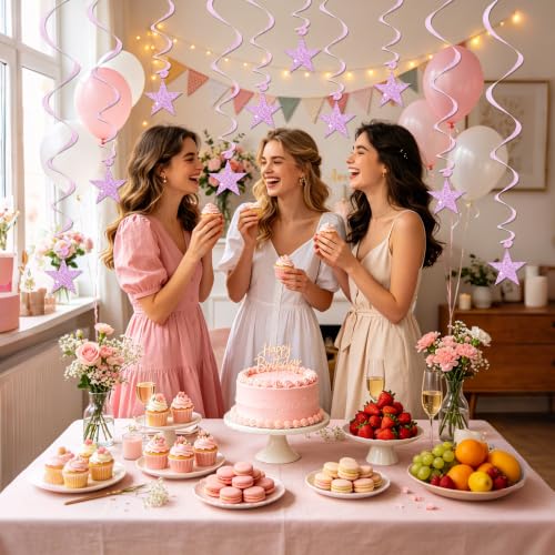 Image of BEISHID Pink Glitter Stars Hanging Swirls Pre-Strung Stars Hanging Decorations for Baby Shower Wedding Girl Women Birthday Party Decorations Supplies,Pack of 15