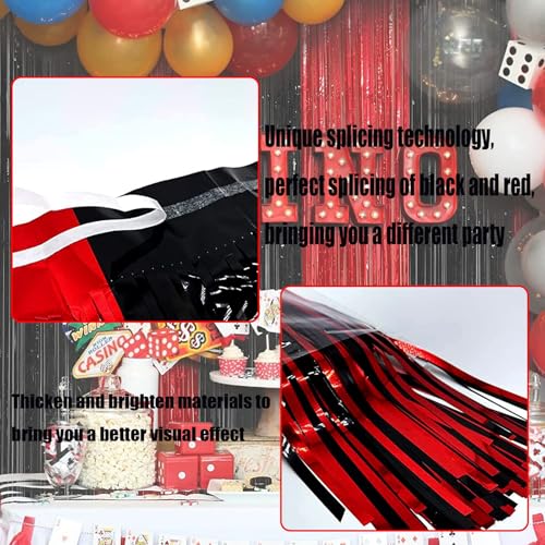 Image of 4 Pack Foil Fringe Curtain Backdrop, 3.28Ft x 8.2Ft Metallic Tinsel Foil Fringe Streamers for Photo Booth, Wedding, Casino Viva Las Vegas Game Night Birthday Party Decoration (Black Red)