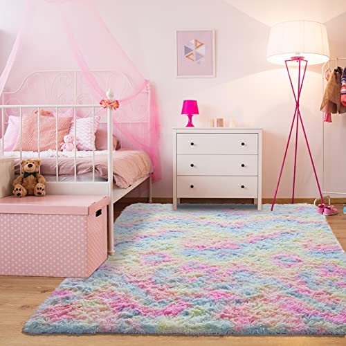 Area Rugs For Bedroom Living Room: 4X6 Super Soft Fluffy Shaggy Plush Fuzzy Rugs Carpet For Kids Girls Baby Nursery Dorm Room Teen Room Decor Rainbow #TOP4