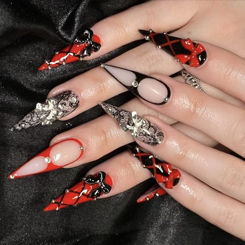 爪を押す長いアクリル3d弓をネクタイラインストーンfalse爪フルカバー人工爪