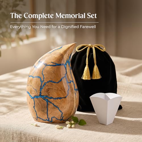 Image of Wooden Teardrop Cremation Urns for Human Ashes - 80 Cubic Inches Funeral Memorial Urn for Adult Women & Men - Blue Decorative, Burial Urn for Male or Female Memorial Display