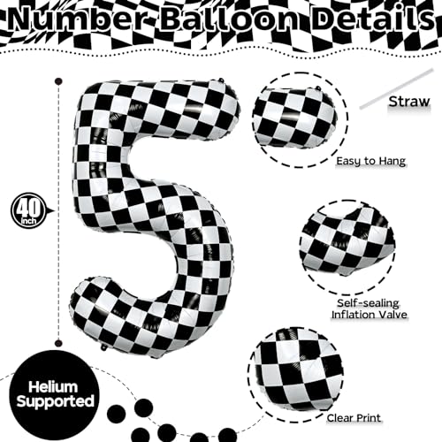 Image of 40 Inch Checkered 5 Number Balloons, Large Foil Self Inflating 5th Birthday Racing Balloons Decor, Black and White Checkered 5 Ballons for Boys 5th Birthday Race Car Flag Party Decorations Supplies