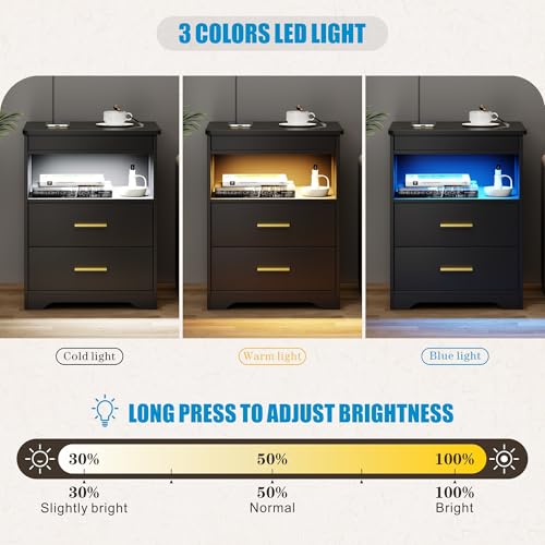 Image of Nightstand with Gun Drawer, Charging Bedside Table with USB-A & Quick-Charge Type-C Port, LED Night Stand with Soft Glow Human Sensor Light, Modern End Table with Drawers for Bedroom Office, Black
