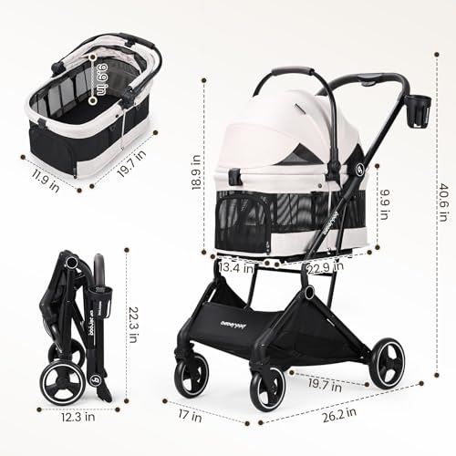 Image of T3 Small Dog Stroller (Beige) | Detachable Carrier, Easy Assembly, Aluminum Alloy Frame, Larger Rear Wheels, Breathable Fabric, One-Touch Braking