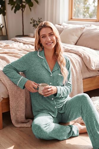 Ekouaer Womens Pajama Sets Long Sleeve Button Down 2 Piece Lounge Set Green - image 4