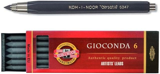 KOH-I-NOOR 5347 5.6mm Diameter Mechanical Clutch Lead Holder Pencil - Black + Koh-I-Noor 6 Gioconda 5.6 mm Graphite Leads. 4865/6B 