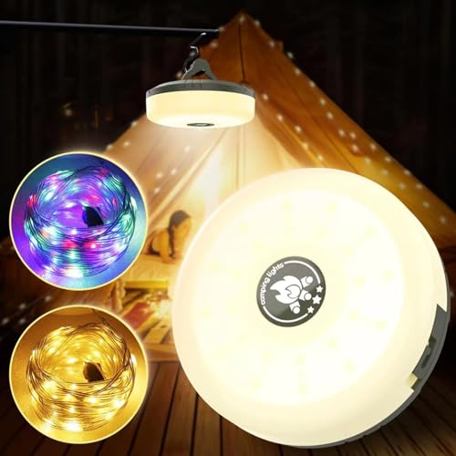 Camping String Lights, 4 in 1 Outdoor String Lights with 8 Lighting Modes, Quick Storage, USB Charging, Portable Camping Ligh