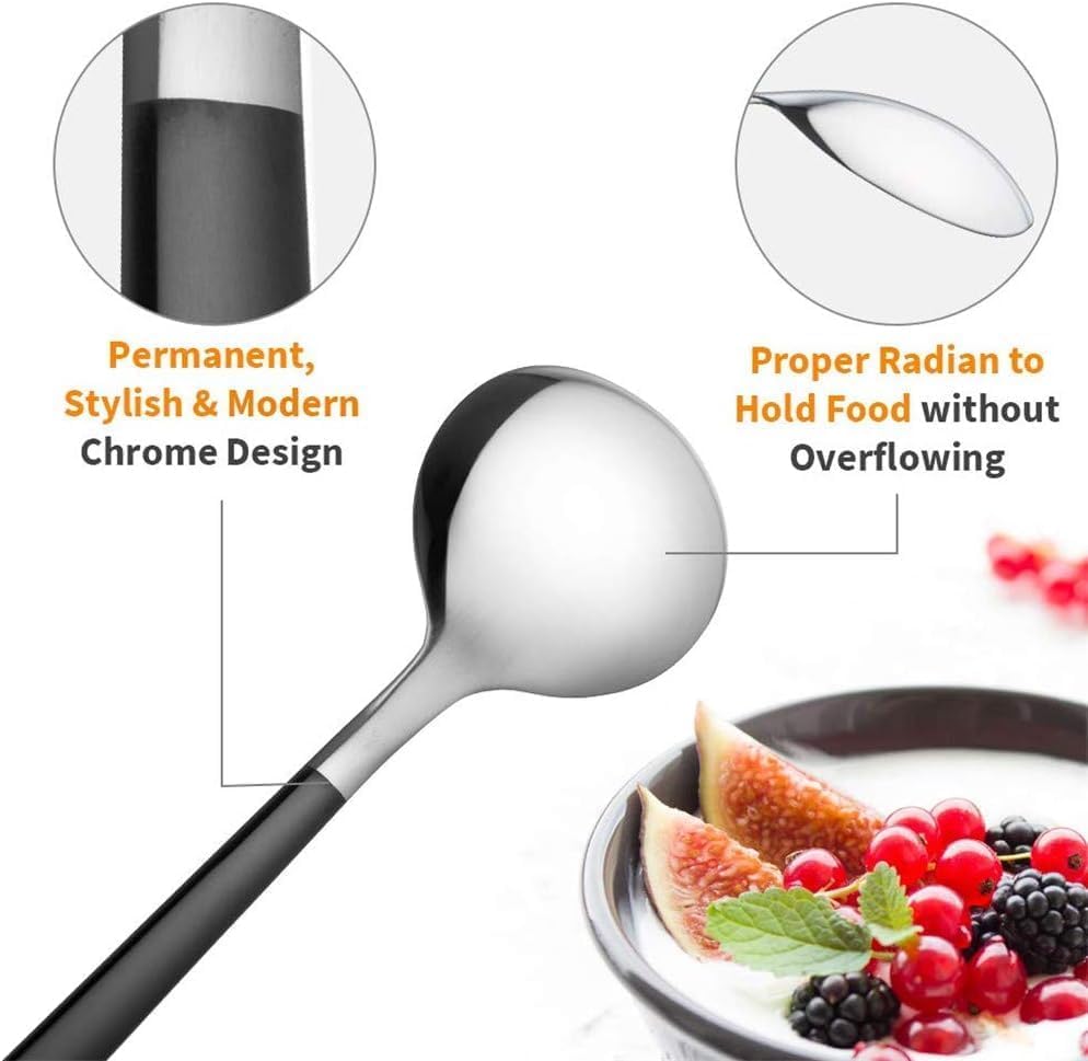 Image of Stainless Steel Dinner /Table Spoons, Silver Elliptical Head, Spoon Set, Length 21 cm (12 Pieces Black Spoon)