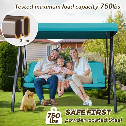 Image of 3 in 1 Outdoor Porch Swing with Adjustable Canopy, 3 Seat Outdoor Swing for Adults, Patio Swing Chair with Thickened Cushions,Pillows & Cup Holders for Backyard, Porch, Garden (Lake Blue)