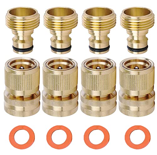 LIKAGE Brass Hose Quick Connect, 3/4 Inch GHT Thread Garden Hose Quick Connector No-Leak Water Hose Quick Connect Fittings Male and Female - 4Packs