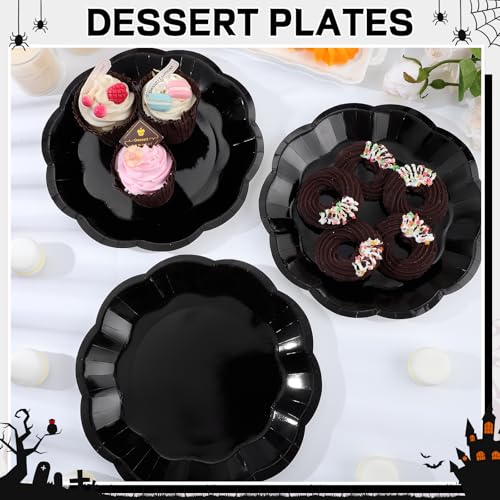Image of NatNarr 30 Pcs Black Paper Plates, 9 Inch Scalloped Halloween Dinner Plate
