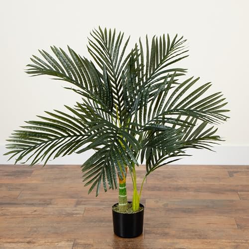 Image of Nearly Natural 3ft Golden Cane Palm Tree - Artificial Tropical Tree with Realistic Green Fronds and Bamboo-Like Trunk, Includes Nursery Planter for Indoor Decor