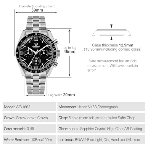 Image of watchdives WD1863 Men Chronograph Watch Japan VK63 Quartz Sports Watches 40mm Bubble Sapphire Crystal Wristwatch 100M Dive Watch