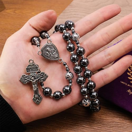Image of Nazareth Store Hematite Rosary Black Stone Beads Necklace Metal Beaded Silver-Plated Medal & Cross for Men NS