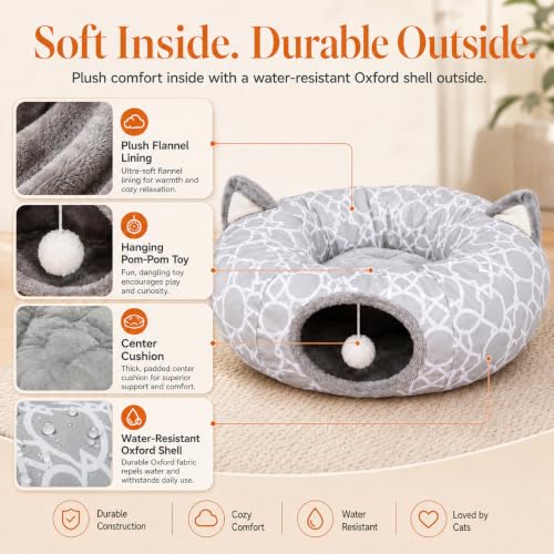 Image of Geometric Cat Tunnel Bed Under Christmas Tree Oxford Outside with Plush Inside,Cats Toys Collapsible Tunnel Tube with Balls, for Rabbits, Kittens, Ferrets,Puppy 3FT