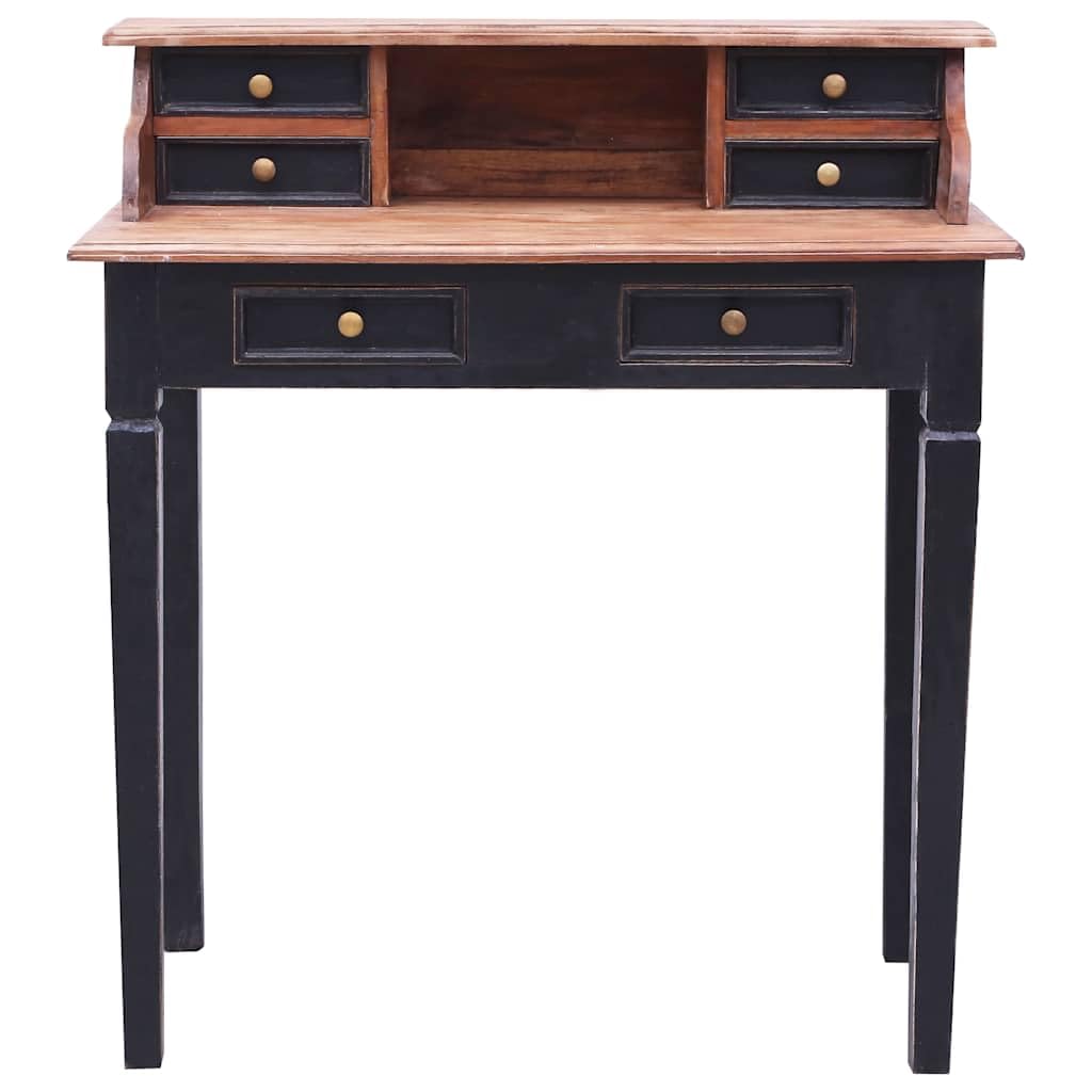 Makastle Bureau Secrétaire en Bois Massif d'Acajou 90x50x101 cm avec 6 Tiroirs et 1 Compartiment, Naturel et Noir, Finition Vintage